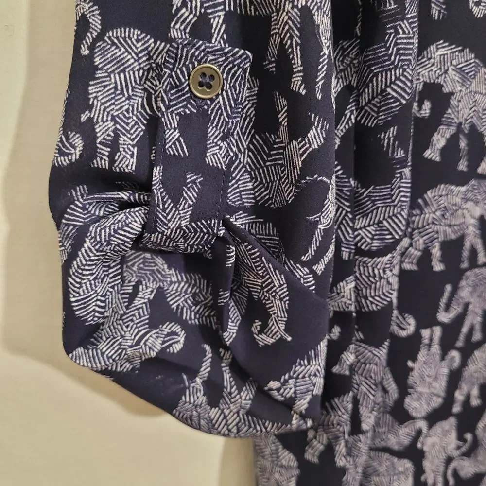 MIX Women’s Medium Navy Elephant Print Blouse Tunic 3/4 Sleeve Lightweight